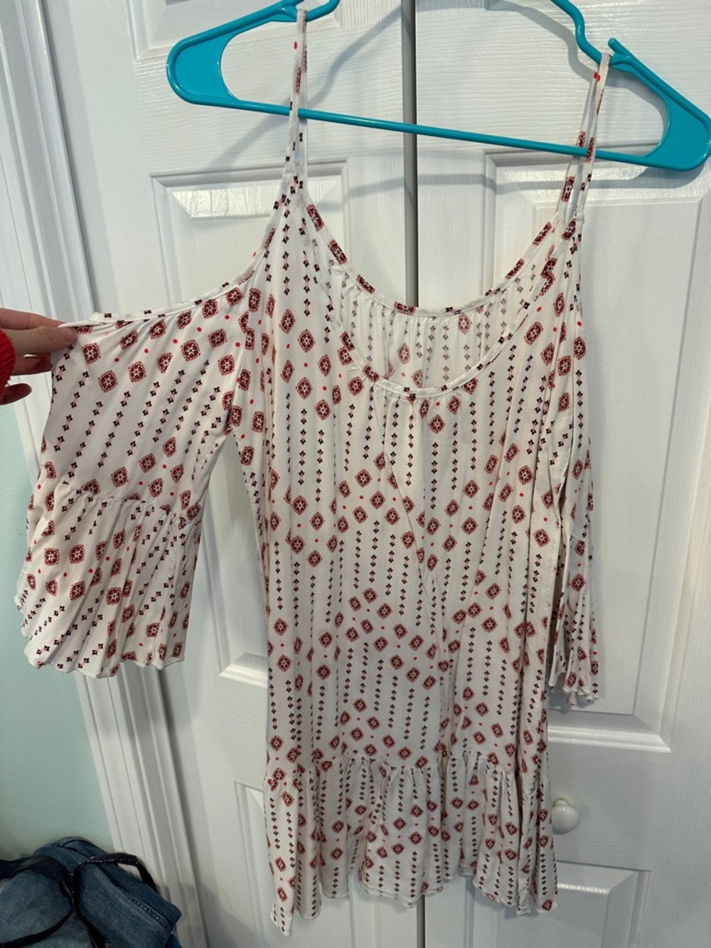 White & Rust Boho Cold-Shoulder Tunic Dress
